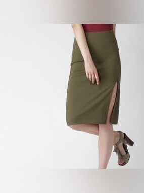 Forever 21 Olive Army Green Knit Stretch Midi Pencil Skirt S Front Side Slit